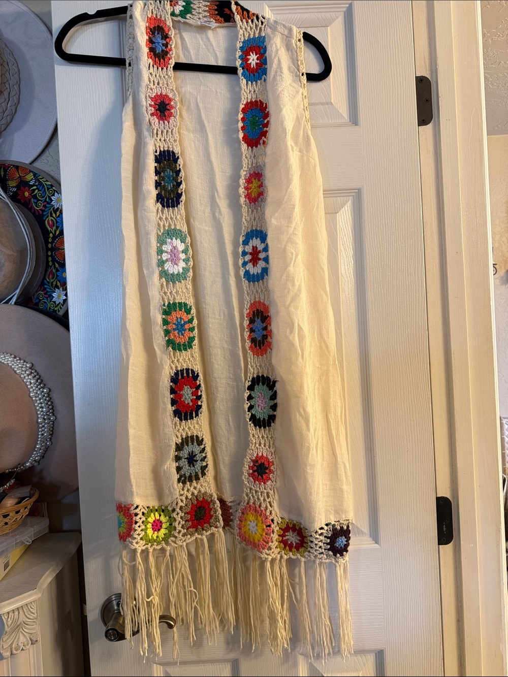 Handmade Crochet Trim kimono with Fringe - Cream Body, Multicolor Squares